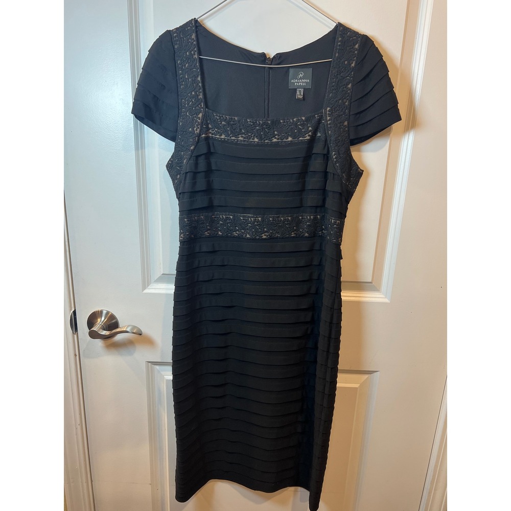 Adrianna Papell Womens Sheath Dress Tiered Pleated Lace Black Size 8